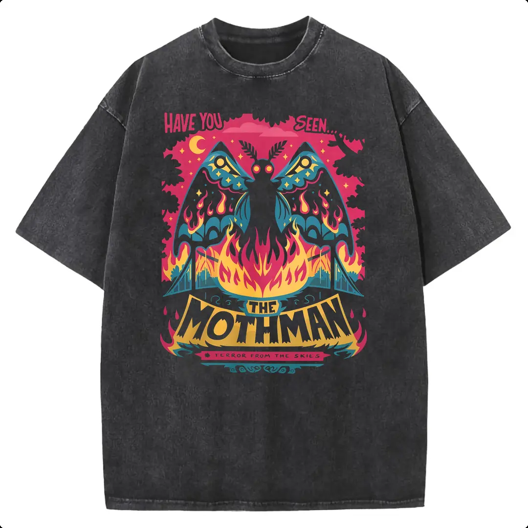 Sunland Women's Cute Vintage Mothman Graphic T-Shirt - Heavyweight Pure Cotton, Crew Neck Shortsleeve, West Virginia Folk Art Print, Loose Baggy Hip-Hop Fit, Drop Shoulder, Sweat-Absorbent Everyday Casual Streetwear Foldable Tee, Printed, Fabric, Outdoor,
