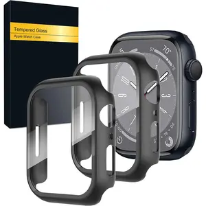 for Apple Watch Series 9 & 8 & 7 Screen Protector Case [45mm], Ultra-Thin Hard PC Case Built in Tempered Glass for iWatch, Shockproof Cover with Button [2 Pack][Black]