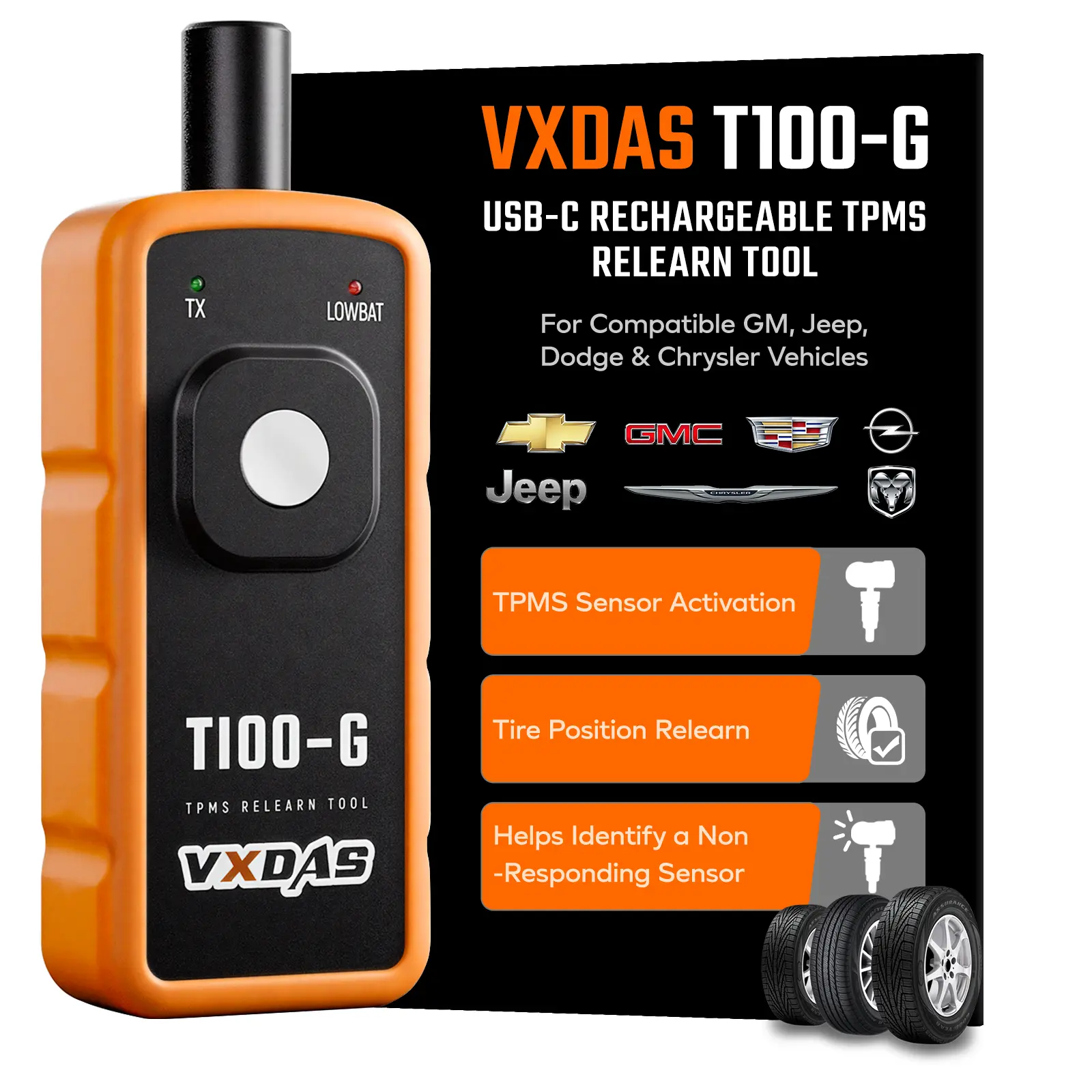 VXDAS T100-G Compact Handheld Multi-Make TPMS Reset Tool, USB-C Charge Rechargeable Tire Sensor Activation Tool for GM, Jeep, Dodge, Chrysler, Chevrolet, GMC, Buick, Cadillac Vehicles