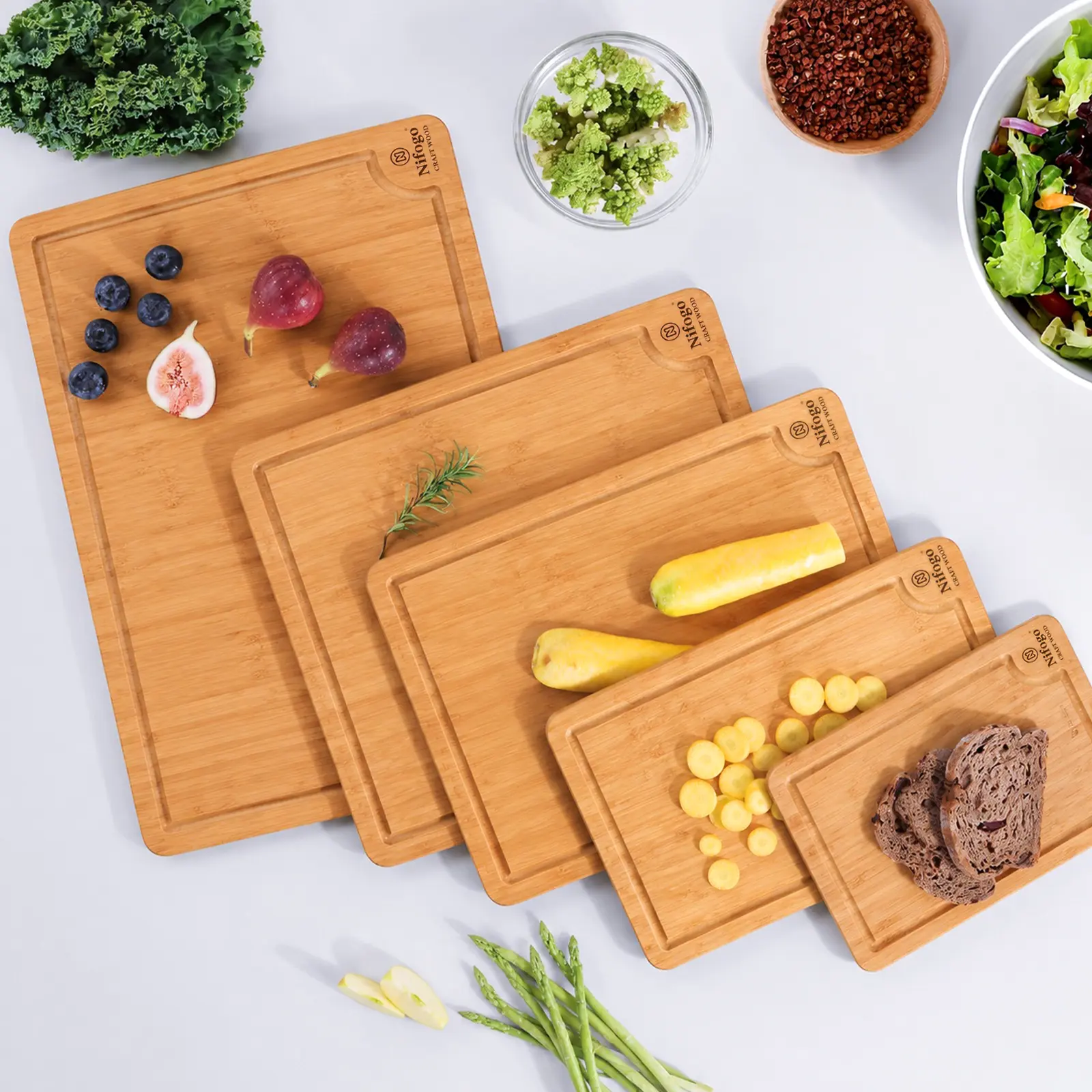 Heavy Duty Bamboo Cutting Board Set (3/5-Piece), Camp Kitchen Chopping Boards with Deep Carbonized Organic Craft, Juice Groove, Stylish Design for Camping & Hiking