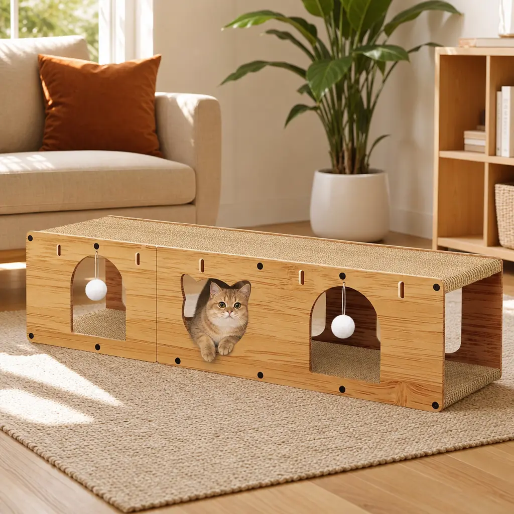 Durable wood multi-purpose cat house — 2-in-1 indoor cat furniture featuring a scratching board, vertical cat scratcher, spherical toy, pre-cut panels, and a large play rest area (small kitten bed and cat scratching game room). pet
