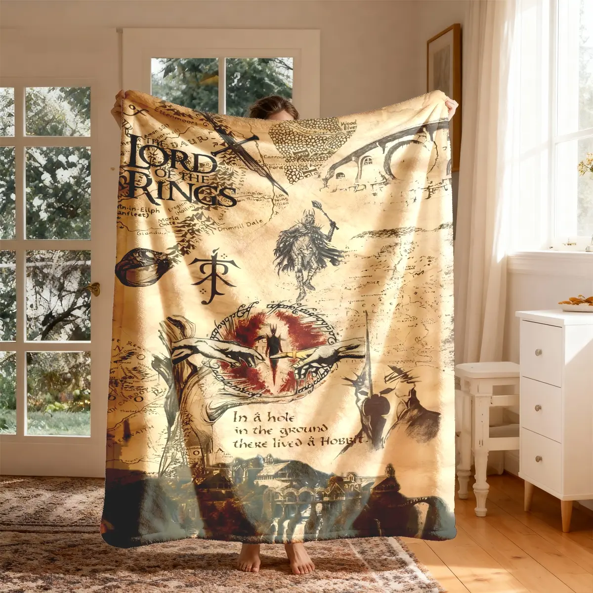 Lord of the Rings Retro Theme Flannel Throw Blanket, Large Size, Soft Lightweight Warm, Perfect for Bed Sofa Office Camping Travel Christmas Gift