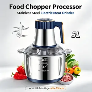 5L 5-Speed Stainless Steel Electric Meat Grinder - Household Use Metal Meat Mincer, US Plug Multifunctional Food Processor with Blender, Filling Machine, Garlic & Chili Grinder for Kitchen Tasks