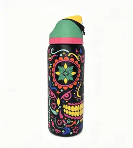Owala 32oz Vibrant Sugar Skull Insulated Stainless Steel Water Bottle, Leak-Proof Travel Mug with Flip Straw Lid, Keeps Drinks Cold 24H, Portable Stylish Drinkware Flask, Pasta Straw Day Gift