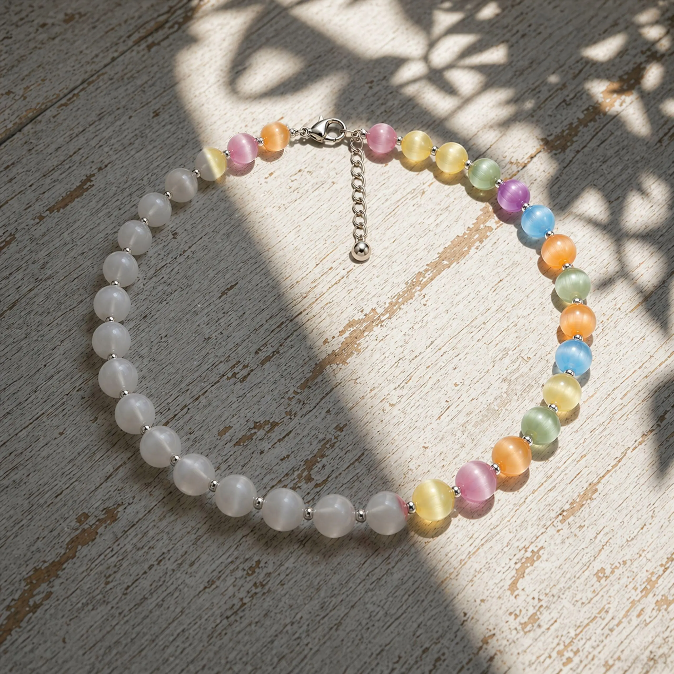 Beaded Choker Necklace for Women, UV Reactive Color Changing Rainbow Beads, Dopamine Style Stainless Steel Summer Jewelry, Beaded Necklace