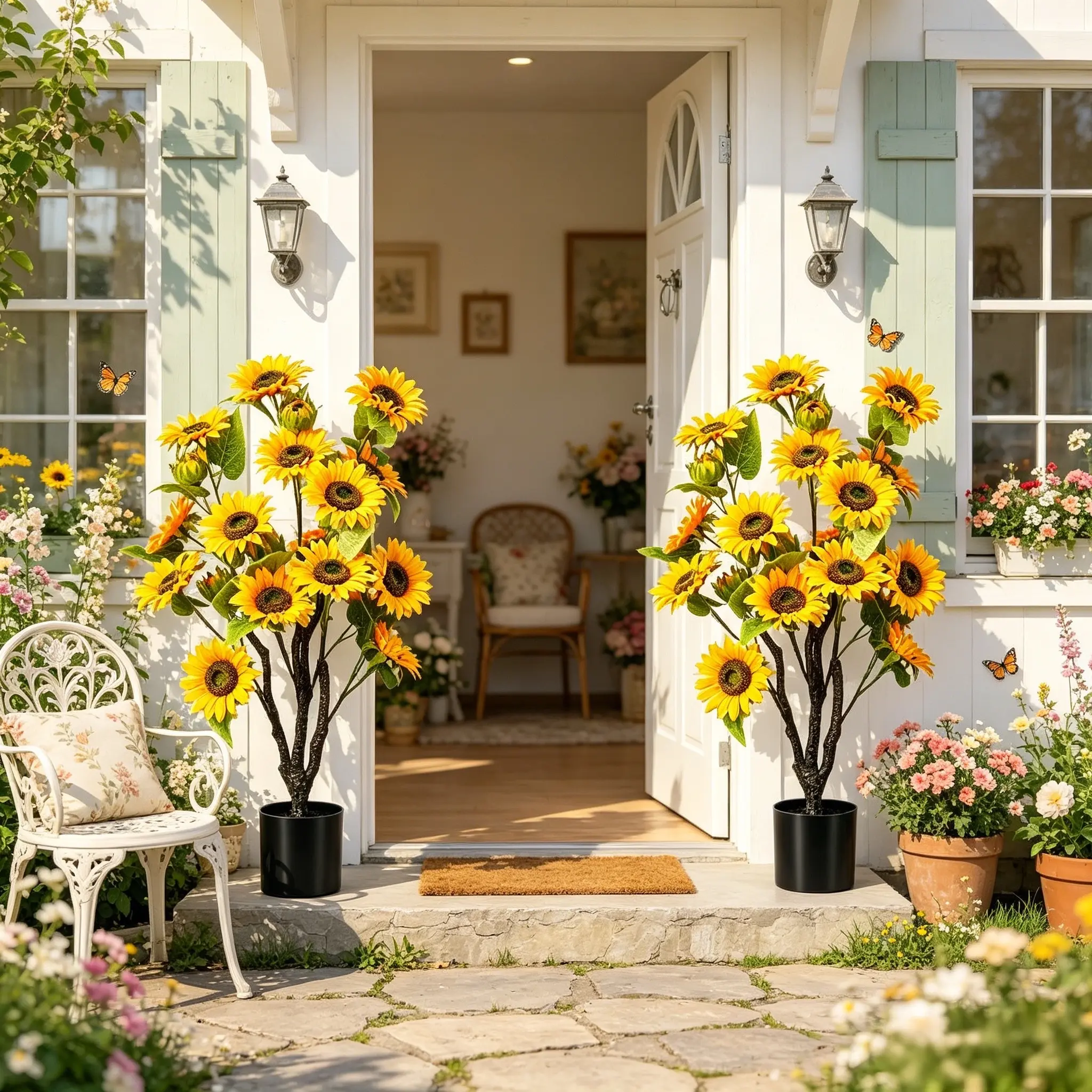 Set of 2｜4FT & 3FT Faux Sunflower Trees, UV‑Resistant Pre‑Potted Artificial Floor Trees for Farmhouse Porch Indoor & Outdoor Home Decor