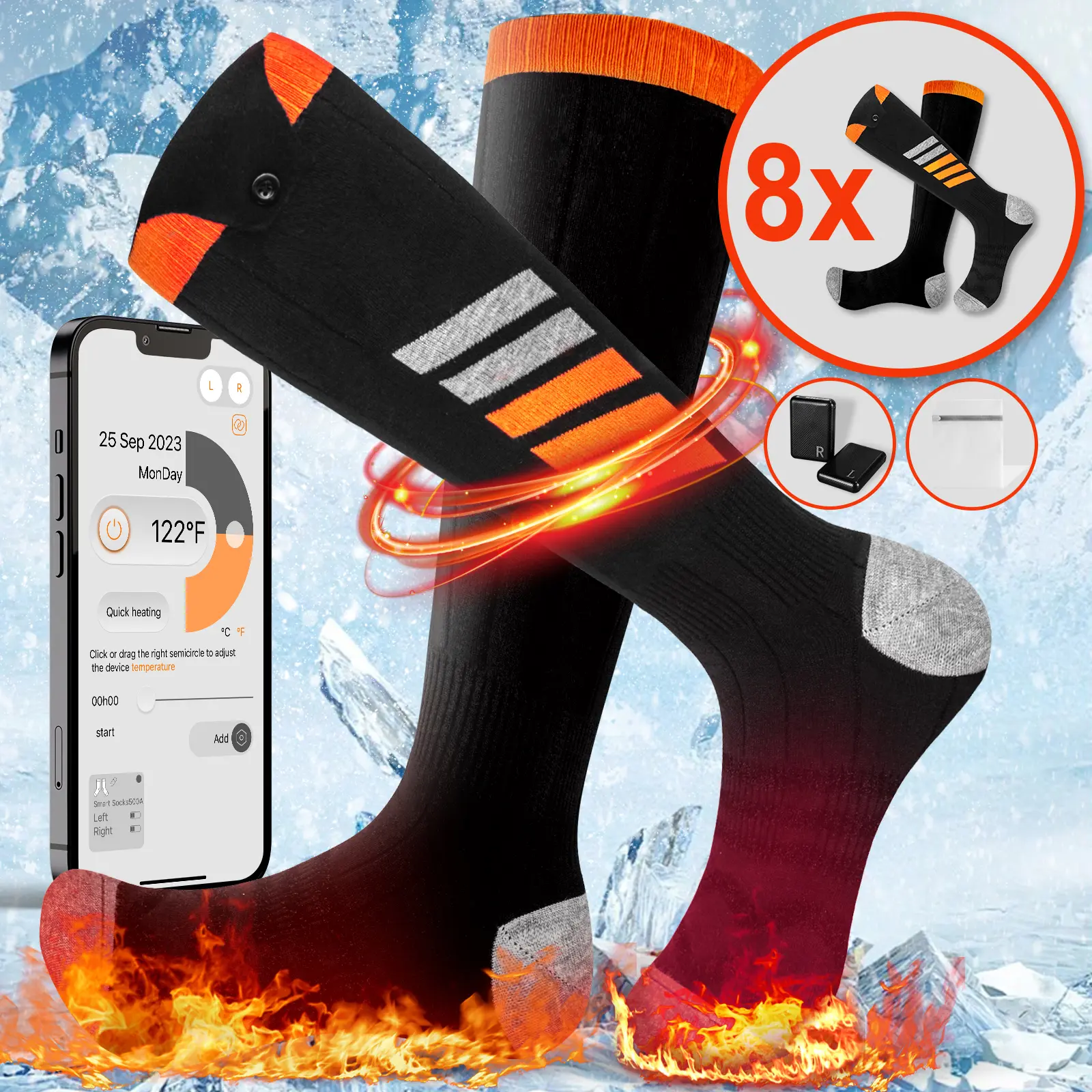 4 Sets Unisex Heated Socks - 4 x 5000 mAh Fast Heating, 8 Pairs Socks & 4 Power Banks Included | APP Remote Control Rechargeable Electric Heated Socks for Men & Women - Toe & Foot Warmer, Perfect for Outdoor Sports and Snow Mountains