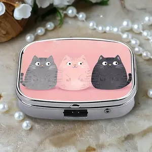 Portable Storage Box with Mirror, Kawaii Design, 2 Compartment Pill Organizer, Compact for Purse & Travel, Gift for Cat Lovers, Makeup Organizer Pouch, Travel Cosmetic Bags