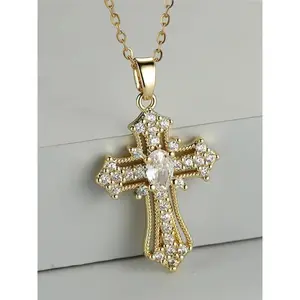Elegant Artificial Zircon Cross Pendant Necklace for Women, 1 Piece Fashion Zirconia Crucifix Pendant for Party, Daily Clothing Decor, Trendy All-match & Exquisite Jewelry for Birthday Gift