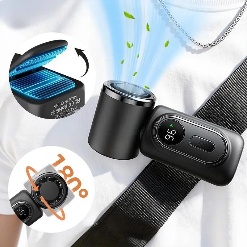 Compact Rechargeable Fan - Portable Clip-On Mini Cordless Fan with 3000mAh Battery, 5 Speeds, 180° Adjustable Airflow, USB Port, 3-in-1 Hands-Free Cooling for Indoor Office Use