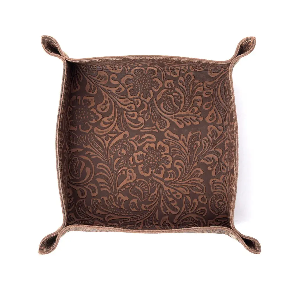 Myra Copperwind Embossed Live Leather Tray, Small Square, Lightweight Organizer for Home Decor & Festive Arrangements