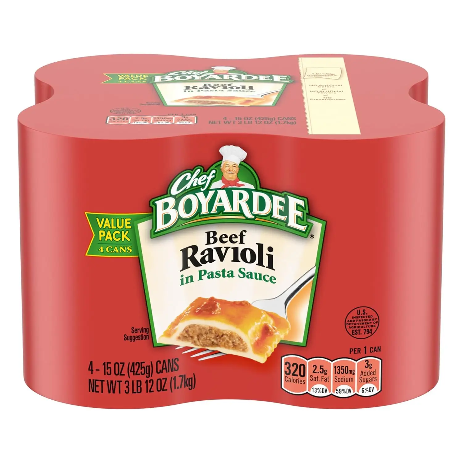Chef Boyardee Beef Ravioli, 15 Oz Cans Pack of 4, Ready to Eat Ravioli Pasta Meal, Italian Tomato Sauce with Real Beef, Quick Microwave Dinner
