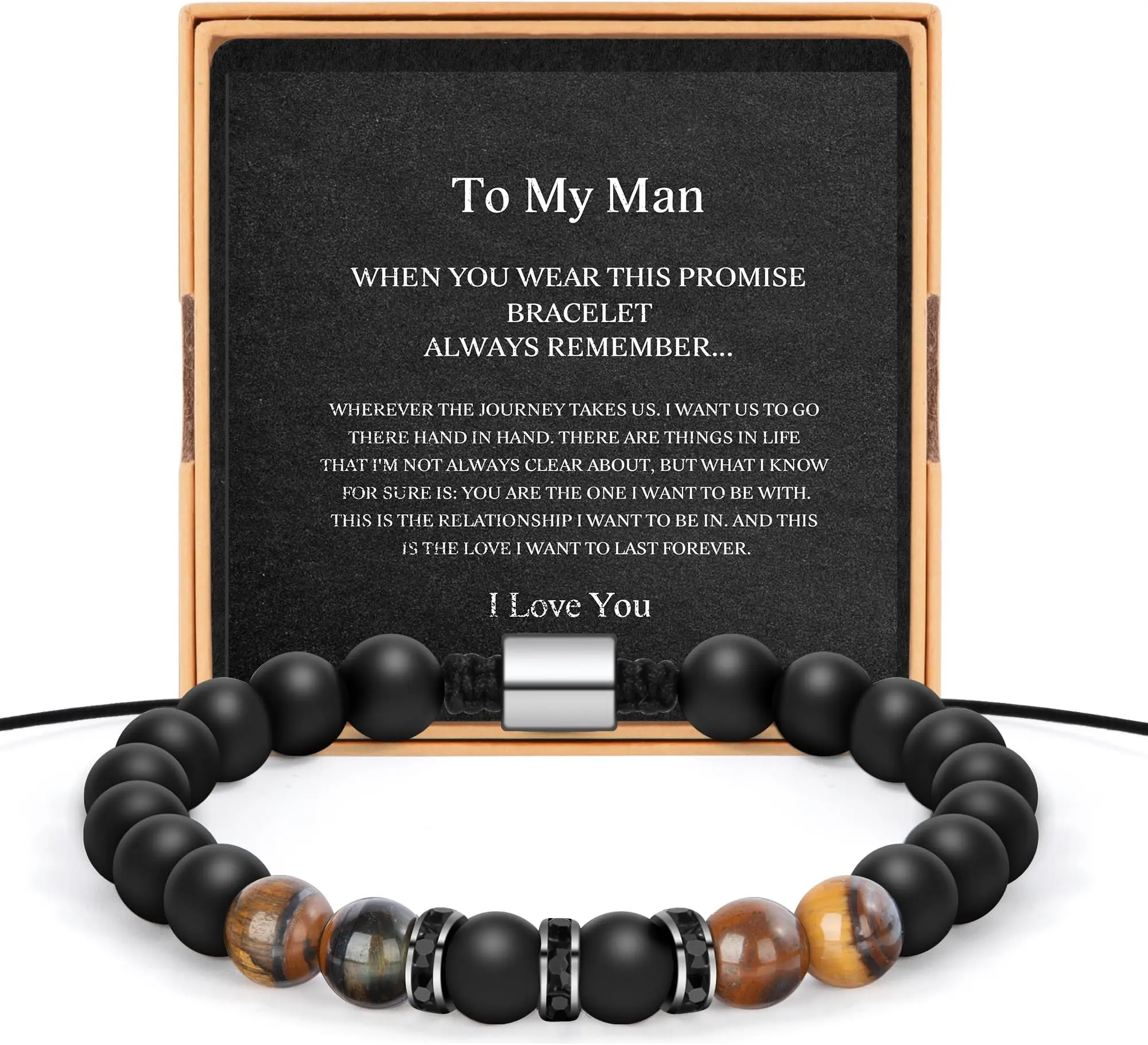 Mens Bead Bracelet for Boyfriend Husband Adjustable 8mm Tiger Eye & Black Matte Agate Beads Promise Gift
