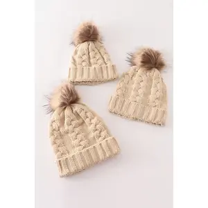 Beige pompom  cable beanie