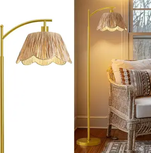 Arc Floor Lamp for Living Room,Rattan Boho Floor Lamp with Hand-Woven Shade, Foot Switch,Gold Metal Base & Pole,Farmhouse Standing Lamp for Bedroom Corner,Reading