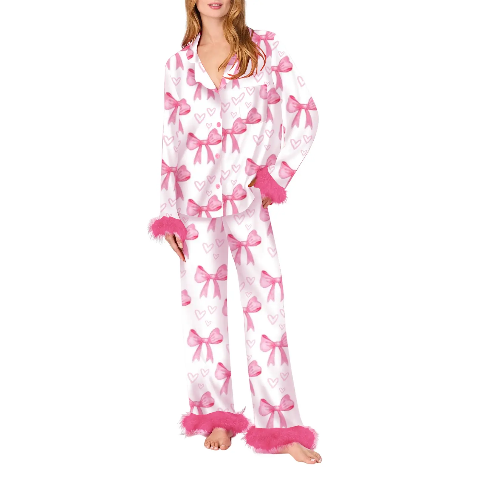Cute Women's Mommy and Me 2-Piece Polyester Satin Pajama Set - Bow Print, Feather Trim, Long Sleeve Shirt & Pants, Valentine's Day Family Loungewear