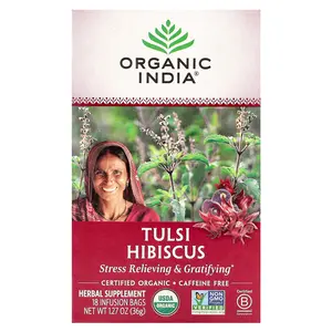 Organic India Tulsi Hibiscus Tea, Caffeine-Free, 18 Infusion Bags, 1.27 oz (36 g)