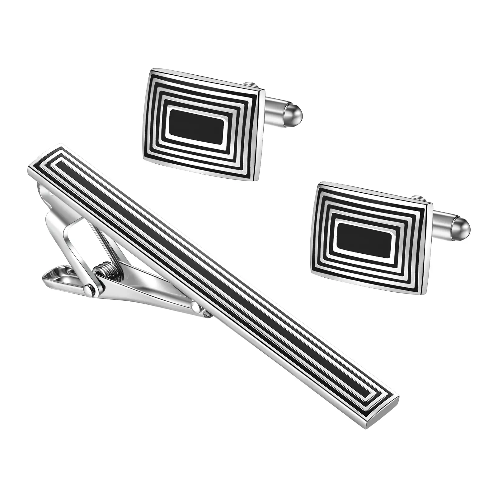 OIDEA Tie Clip & Cufflinks Set for Men, Classic Black and Silver Tone Brass Jewelry, Stylish Accessories for Business Formal Shirts & Weddings, Black And Silver Tone Tie Clips & Pins, Clothes, Brothers, Male, Sons, Easy Closure, Color Retention, Elegant