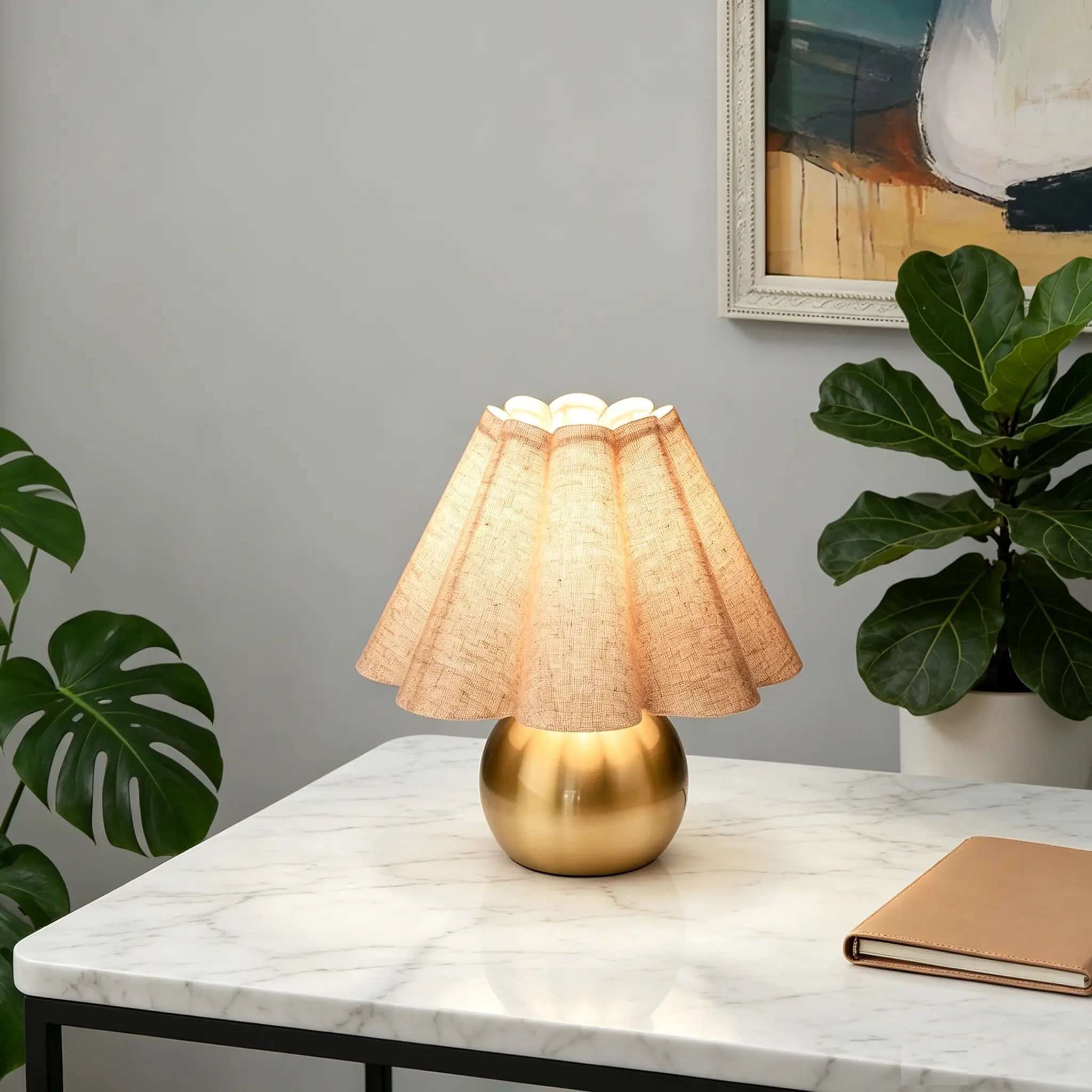 Mini Table Lamp - Small Brass Base, Pleated Beige Fabric Shade, E26 Base, Eye-Caring Warm Light, Bedroom Lighting, Dorm Room Inspo, Home Accessories, House Decor Gift for Aesthetic Spaces, Table Lamps, Decorative Ambient Lamp, Bedside Light