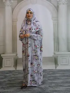 New Middle Eastern Muslim Women's Hooded Comfortable Breathable Prayer Dress, Fashion Casual All-Over Print Long Sleeve Jumper Set