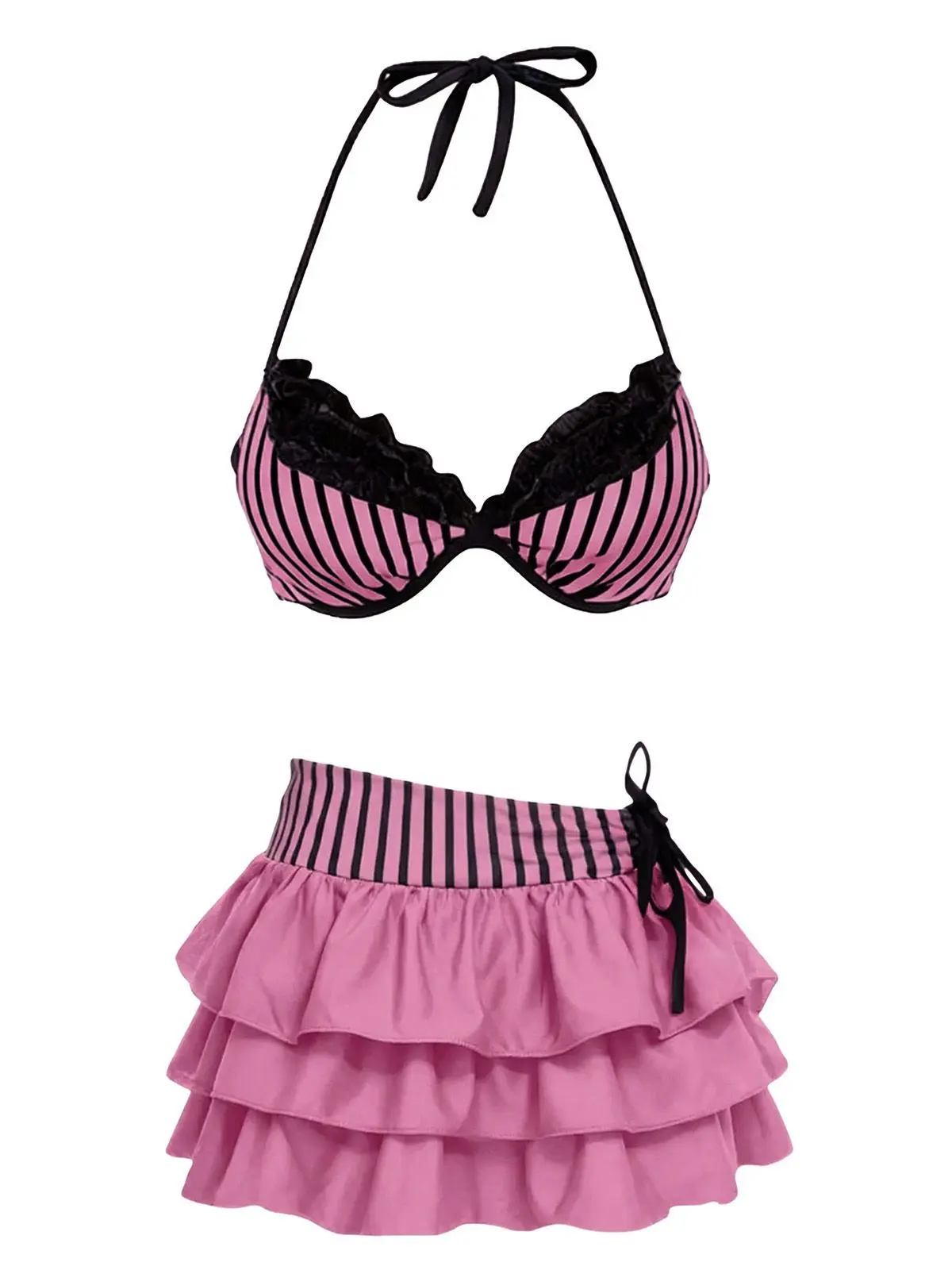 2PCS Grey Pink 1960s Striped Halter Bikini Set & Tiered Cover-Upvacation swimwear for women cute summer outfits BackToSchool