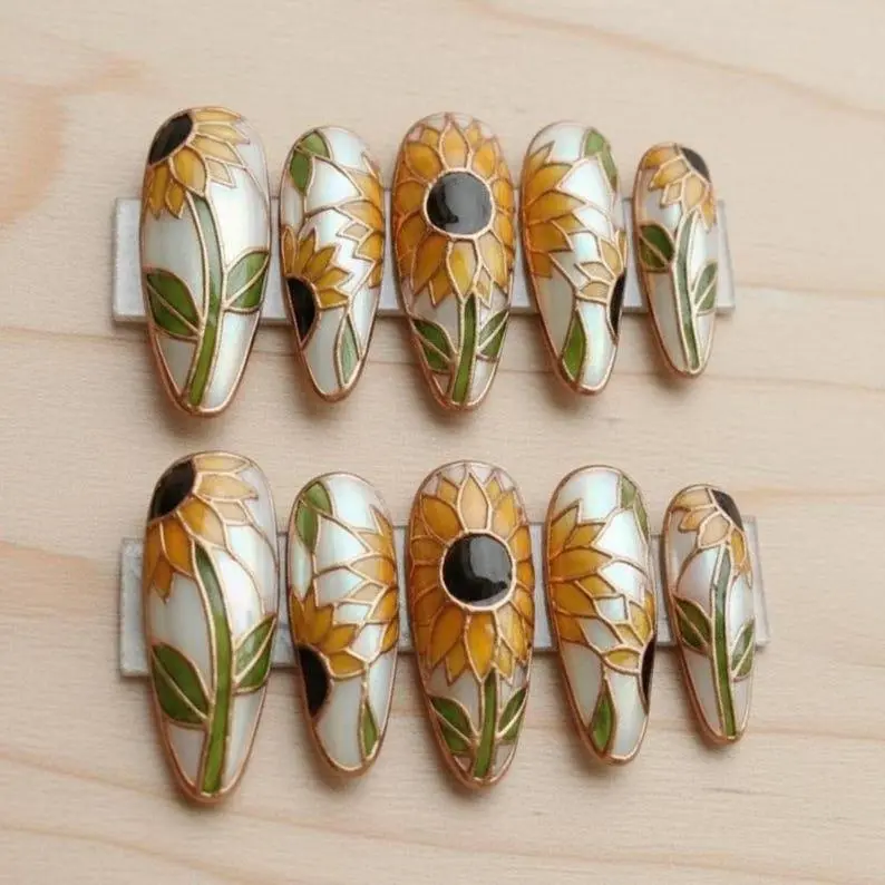 Sunflower Stained Glass Press On Nails, Mother of Pearl, 3D Floral Art Manicure