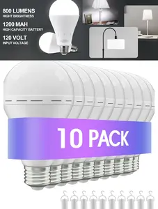 A19-10 Pack Emergency-Rechargeable-Light-Bulb, Stay Lights Up When Power Failure, 1200mAh 9W 60W Equivalent LED Light Bulbs for Home, Camping, Tent (E27/E26, with Hook) (Daylight)