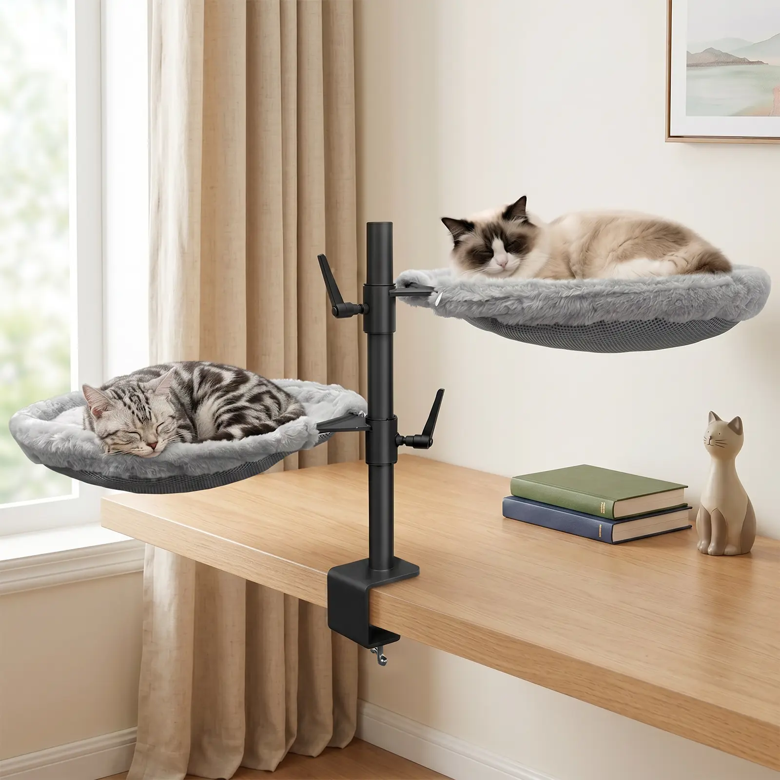 Double Cat Desk Bed, 360° Rotating & Adjustable Heigh Kitten Nest for Desktop, Double Kittens Clamp Hammock Bed with Dual-Sided Reversible Mat for Home Office-Maximum Hold Up to 40lb