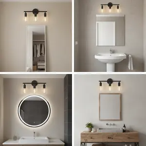 3-Light Open Bulb Wall Sconce, Matte Black Finish, E26 Socket Vanity Light, Modern Industrial Wall Lamp for Bedroom Sink Mirror, Easy to Install