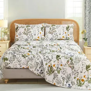 Sheet Set  Size - 4-  Green Floral Bedding Set, Soft Breathable Percale Weave, Deep Pocket Fitted Sheet 17.5", Crisp Cool Feel, Refined Botanical Elegance