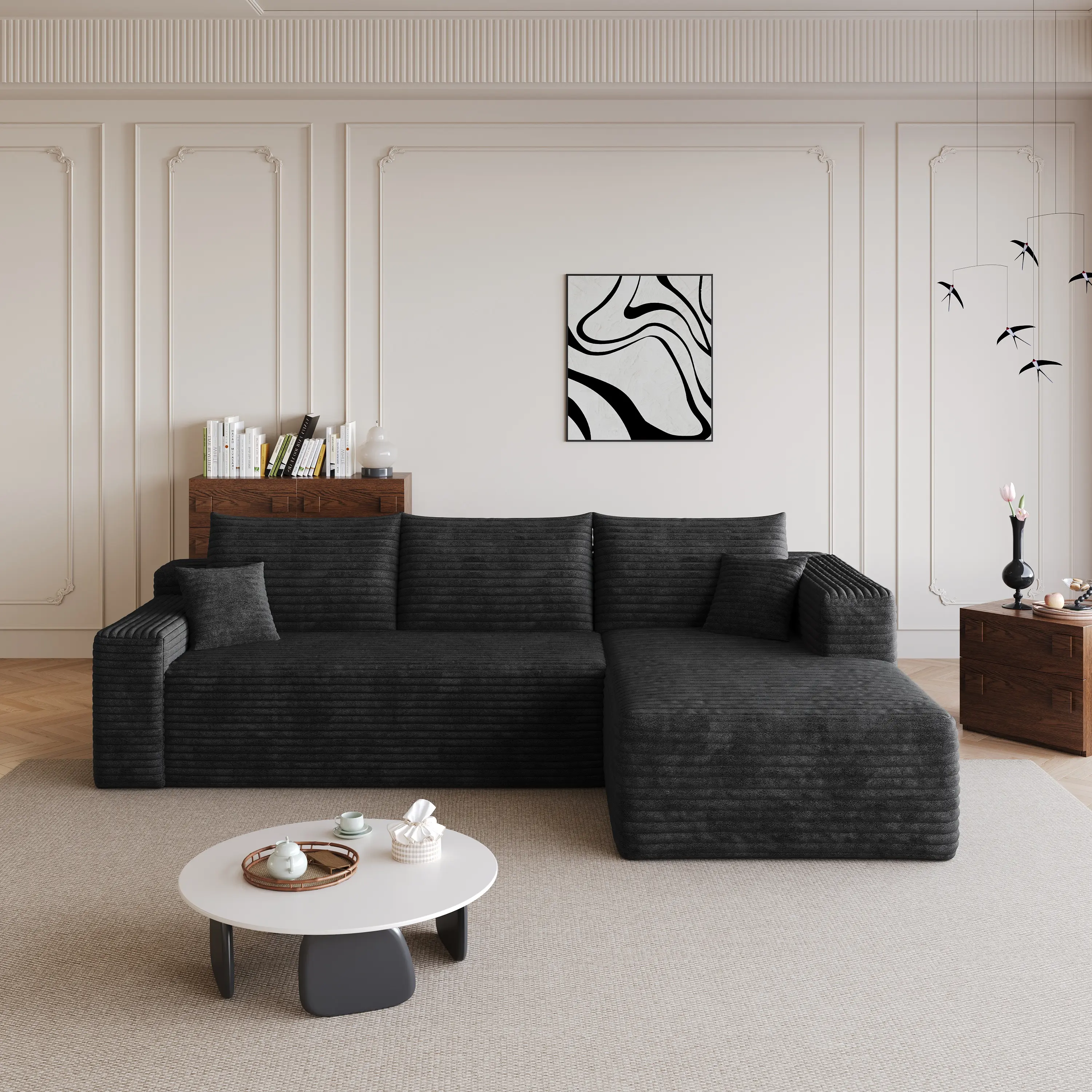 95-Inch Black Plush Corduroy U-Shaped Sectional Sofa, Modern Minimalist Deep-Seat Corner Couch, Ultra-Comfortable Oversized Upholstered No-Assembly Space-Saving Living Room Furniture