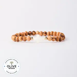 Holy Water Olive Wood Cross Bracelet in Gold