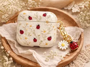 2D Printing Embroidered Daisy Ladybug AirPods Case, Floral Cottagecore Cover for Airpod Gen 1 2 3 4 Pro, Cute Spring Aesthetic Gift No charm