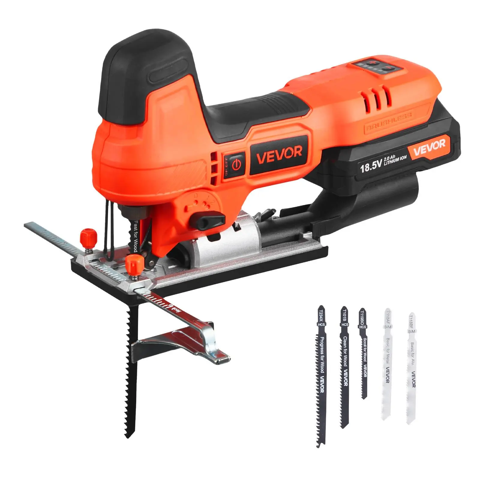【summerfinds】VEVOR Cordless Jig Saw, 20 V Brushless Motor, 3500 SPM Blade Speed, Cordless Jigsaw with 6 pcs Blades, LED Light, 6 Variable Speed, 0- 45° Bevel Cuts, 4 Orbital Settings for Straight/Circle Cutting