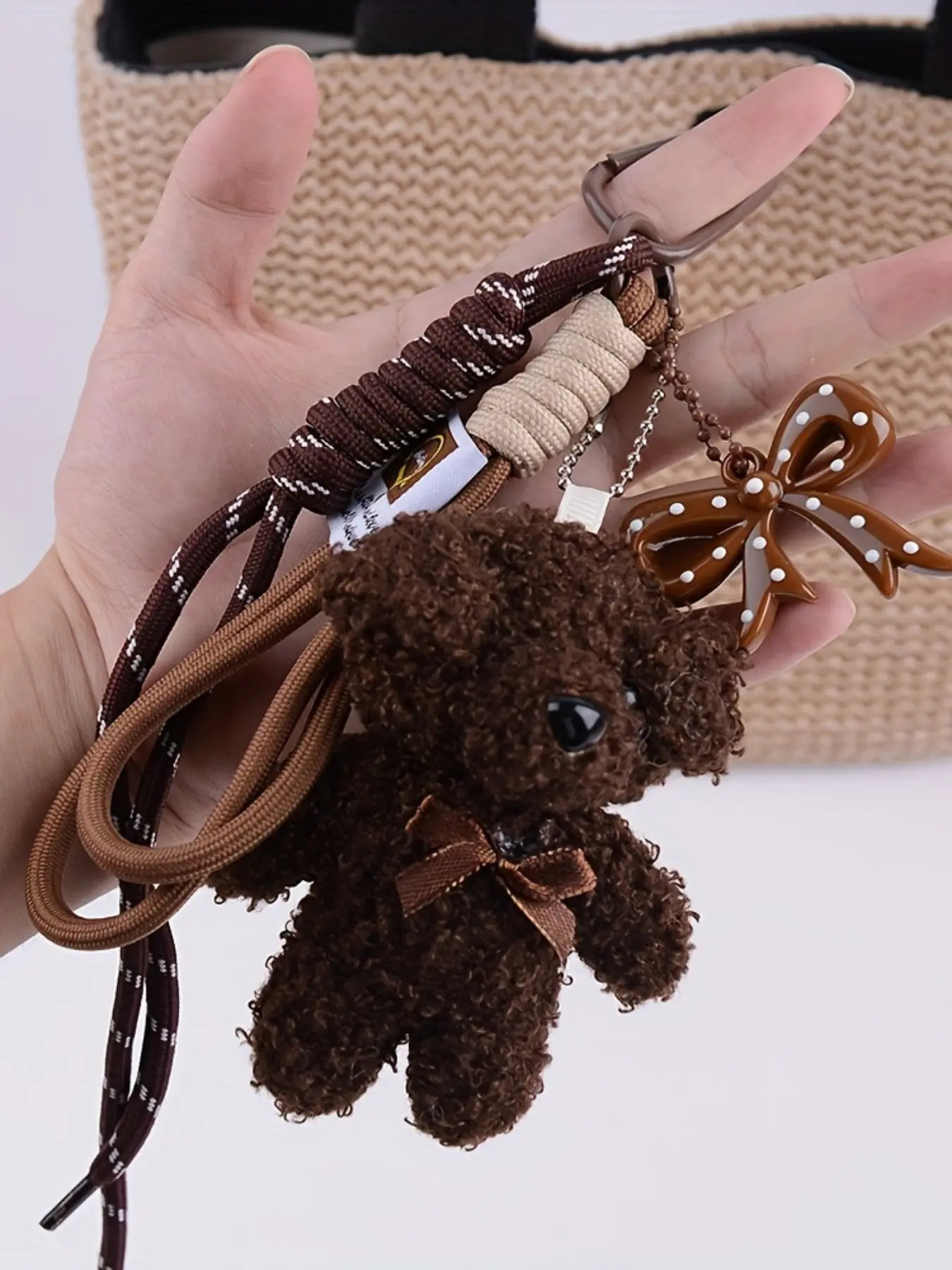 Handmade Woven Rope & Bear Keychain with Bowknot Accents Animal Bear Keyring Pendant Lanyard for Men Women Bags, Bag Charms, Animals Keychain Decor - Bear Decorative Bag Charm Key Chain, Bear Bag Hanging Accessories