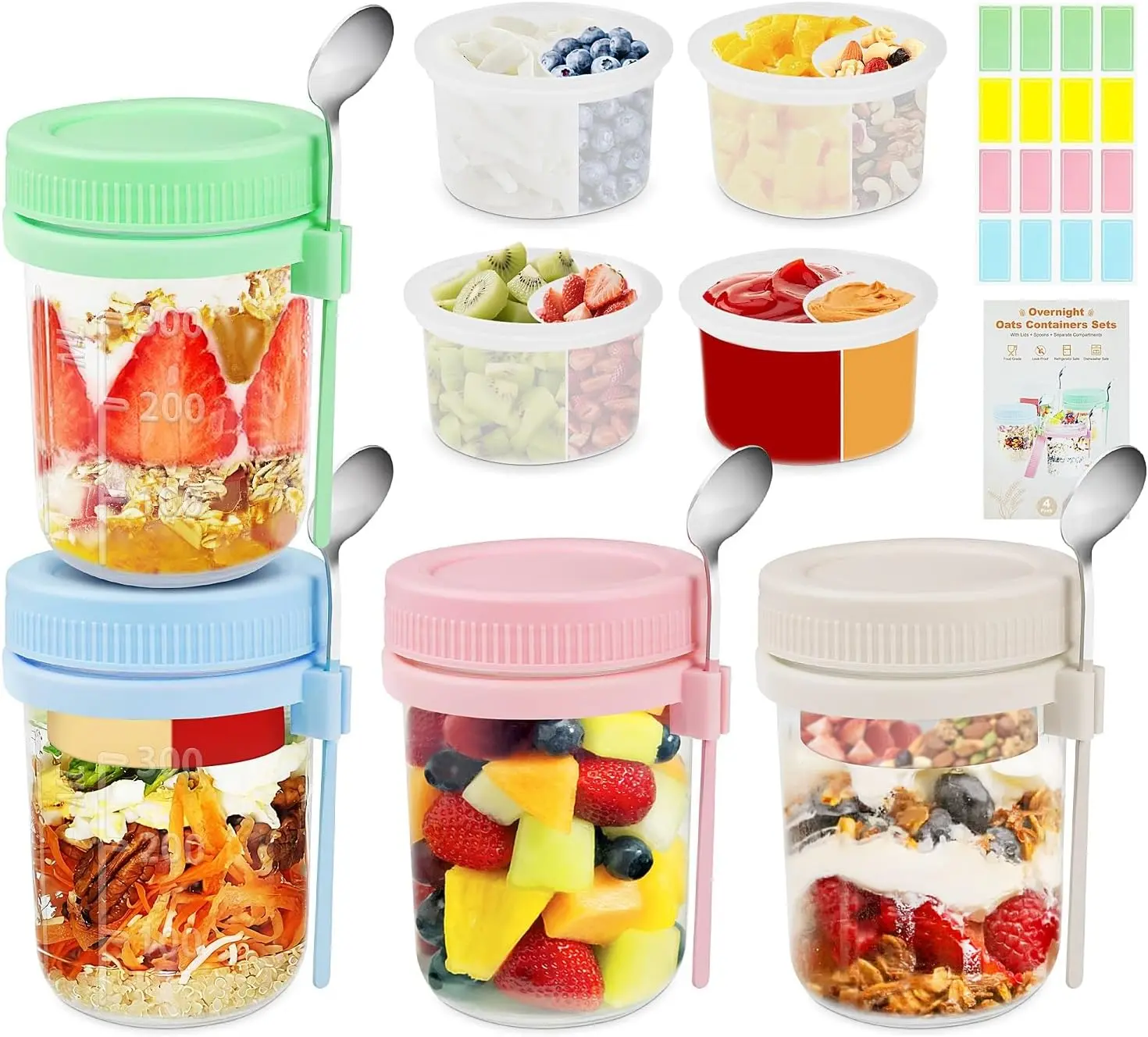 4 Pack Oats Containers with Lids and Spoons -  16 oz Glass Mason Jars with Separate Compartments Airtight Overnight Oat Jars Leakproof Yogurt Parfait Cup for Oatmeal Chia Pudding Cereal Salad