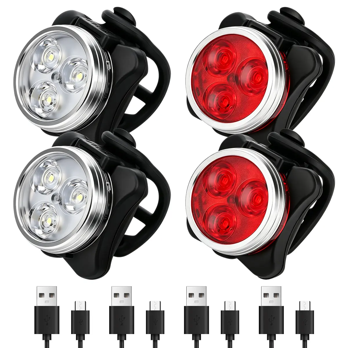 USB Rechargeable Bike Light Set, Aluminum Alloy High Brightness LED Front & Rear Taillight, 4 Light Modes, IPX4 Waterproof Safety Bicycle Night Riding Warning Light for Helmet, Handlebar (Single / 2-Pack)