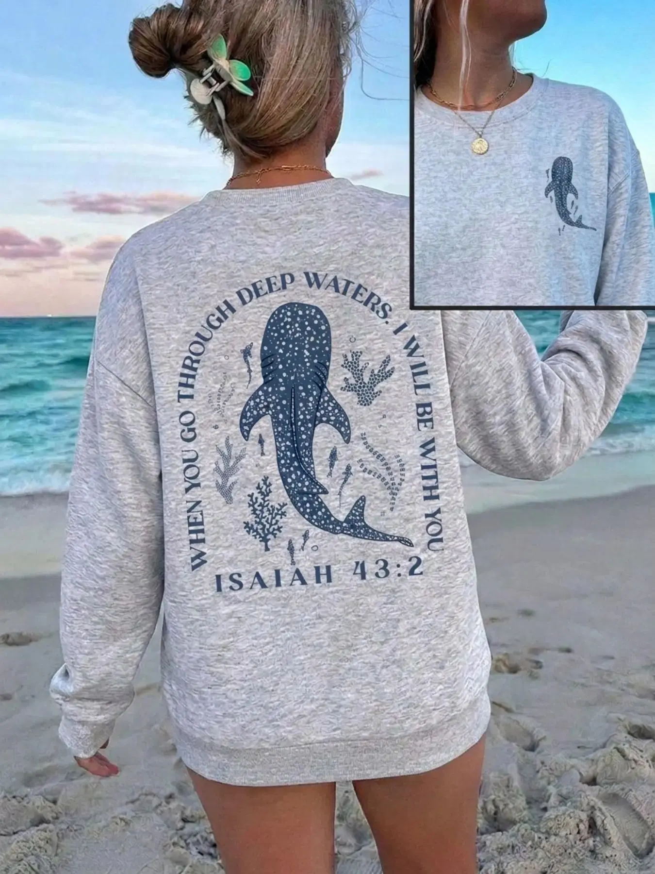 LoomLab OutfittersWhale Shark Graphic Sweatshirt Isaiah 43:2 Bible Verse Faith Crewneck Ocean Coastal Aesthetic Pullover Soft Fleece Long Sleeve Casual Unisex Streetwear Cozy Oversized Top Gift for Believers Women Men