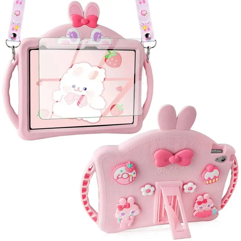 Cute Bunny Animal Silicone Tablet Cover for iPad 10.9in 10th/11th Gen (Models A2696-A3356, A2757) - Smooth, Soft, Durable Case with Foldable Handle, Adjustable Strap, Tempered Glass Guard, Portable Wireless Accessories, Children’s Gift