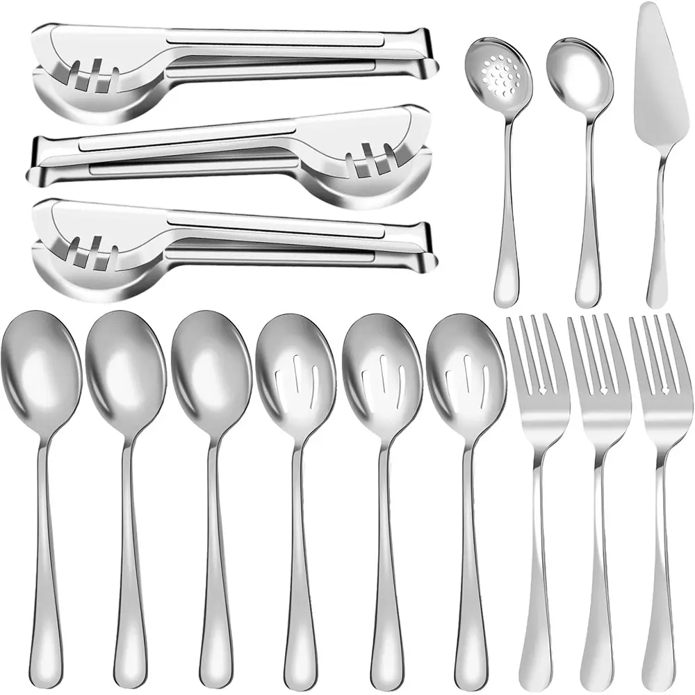 [Summervibes] 15 Pcs Stainless Steel Large Flatware Serving Utensils Set,Included Spoons,Forks,Tongs,Slotted Spoon,Ladle,Cake Server for Kitchen Catering Banquet Wedding Buffet Party,Hand Tools Kits