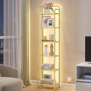 Bookshelf, Tall Narrow Bookcase with LED Lights, Tempered Glass Bookshelves with Steel Frame, Display Shelf, Slim Shelving Unit for Living Room, Bedroom, 9.6"D x 15.4"W x 66.5"H Gold BC34699G