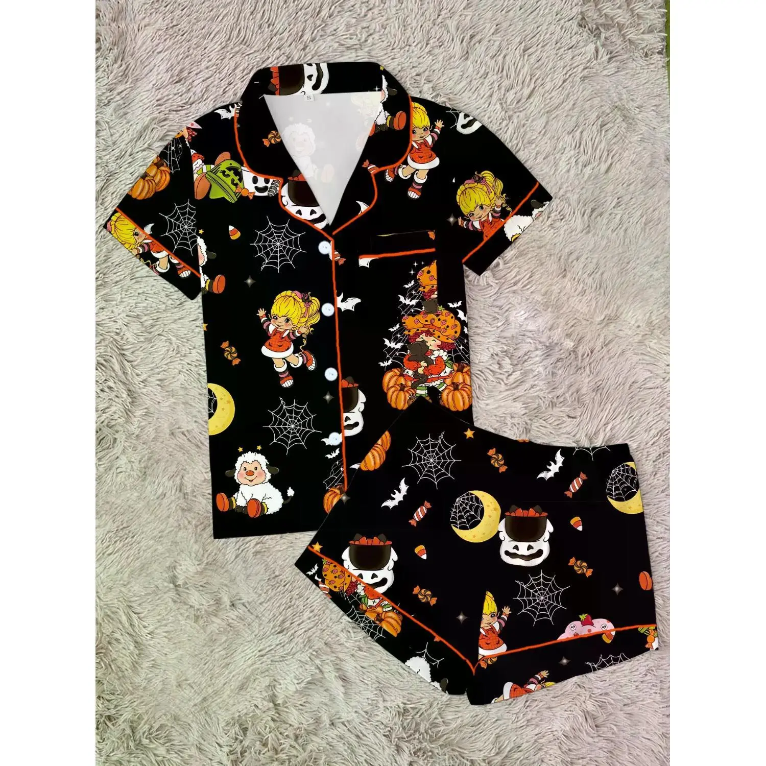 Women's Halloween Strawberry Cartoon Pajama Set, Cute 2-Piece Short-Sleeve Sleepwear, Fun Holiday Gift