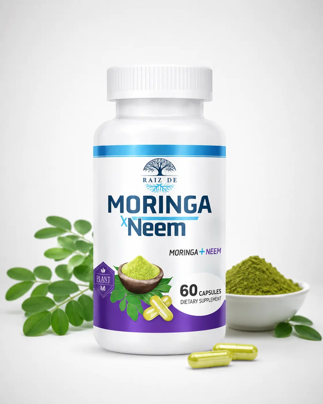 Raiz De Organic Moringa + Neem | Ganeem | 1350 mg | Premium Plant-Based Capsules