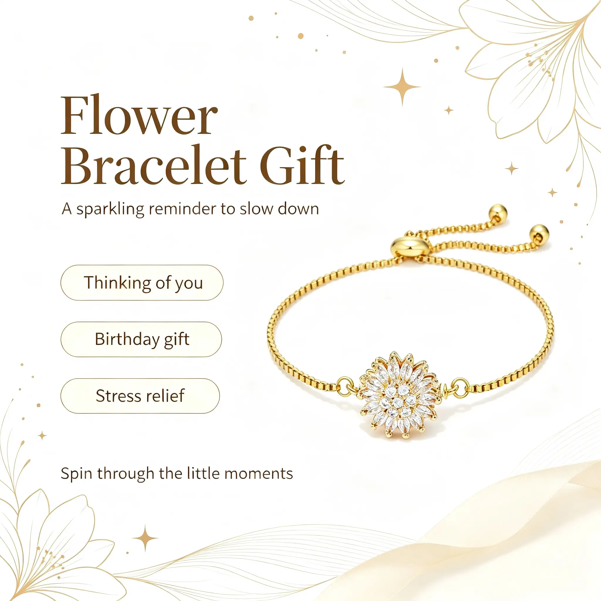 Spinning Sunflower Fidget Bracelet for Women, Elegant Adjustable Jewelry with Non-Tarnish Plating for Daily Stress Relief - Gift Box Included, Bangle, Birthday, Female, Flowers, Woman Fashion Jewelry, Metal, Golden Tone Bracelet, Silent-Spin, Mother's Day