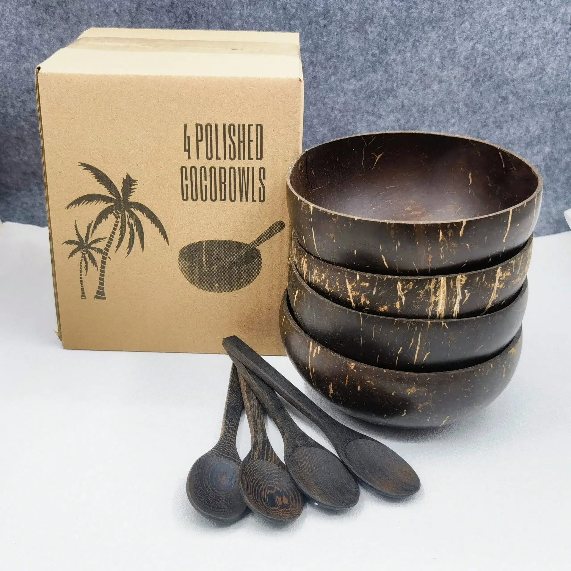 8-Piece Set Polished Natural Coconut Shell Bowls with Wooden Spoons, Eco-Friendly Handmade Edible Coconut Bowls, Salad Bowls, Serving Bowls, Soup Bowls, Tableware Gift Box