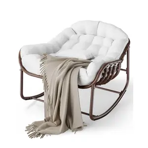 Oversized Papasan Rocking Egg Chair for Patio – 450 lbs Heavy Duty Wicker Outdoor Lounge, 12cm Water-Resistant Cushion, Sturdy Metal Frame, Ideal for Balcony, Backyard, Porch, Garden