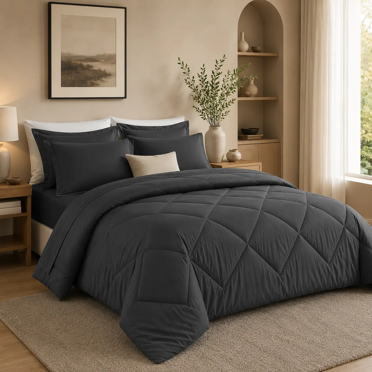HEVUMYI 7 Pieces Queen Comforter Set, All Season Reversible Bed in a Bag, Ultra Soft Queen Bedding Set with Grey Comforter, Flat Sheet, Fitted Sheet, Pillowcases, Pillow Shams, Dark Grey