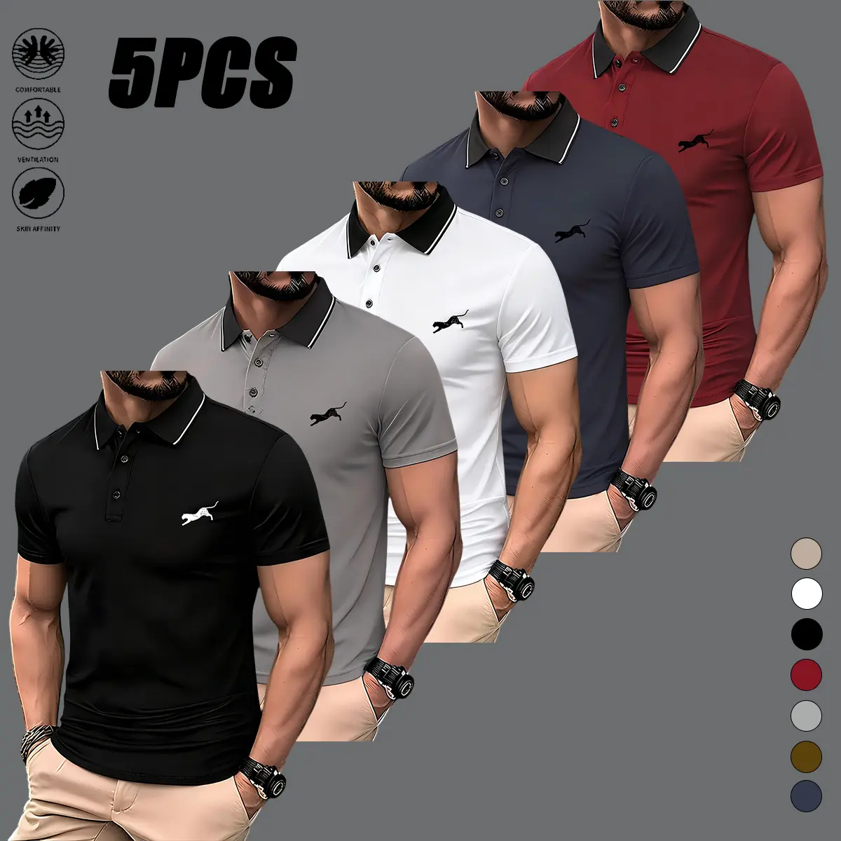 Pack of 5 — Men’s short-sleeve polo shirts; athletic golf polos; men’s casual summer outdoor T-shirts; regular-fit short-sleeve golf shirts suitable for the gym, fishing, and camping.,back to school,back to school shopping
