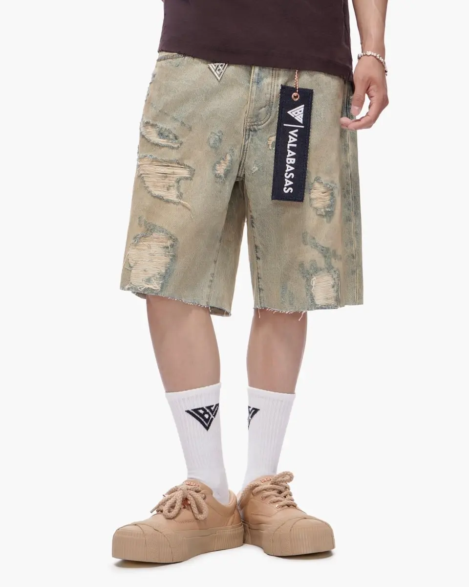 Men's Denim Shorts - Premium Casual Relaxed Loose Fit, Retro Style Vintage Wash, Sporty Chic Streetwear, Signature Valabasas Detailing, Cold Wash Safe, Ideal for Campfire-BBQ Parties