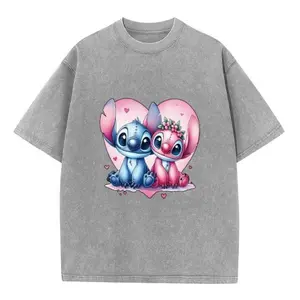 Disney Stitch & Angel Couple Photo 230g Washed Cotton TEE Gray Short Sleeve Round Neck Tee for Fans Summer Casual Wear Comfortable Gift